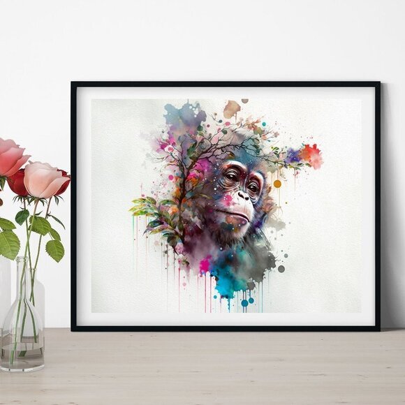 Baby Monkey Chimpanzee Watercolor Wall‎ Art Photography Oil Painting Print - Picture 4 of 5